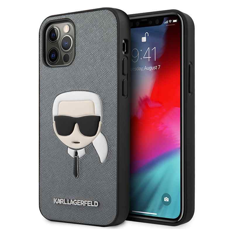 Maska za iPhone 12 Pro Max Karl Lagerfeld Hc PU Saffiano Head srebrna