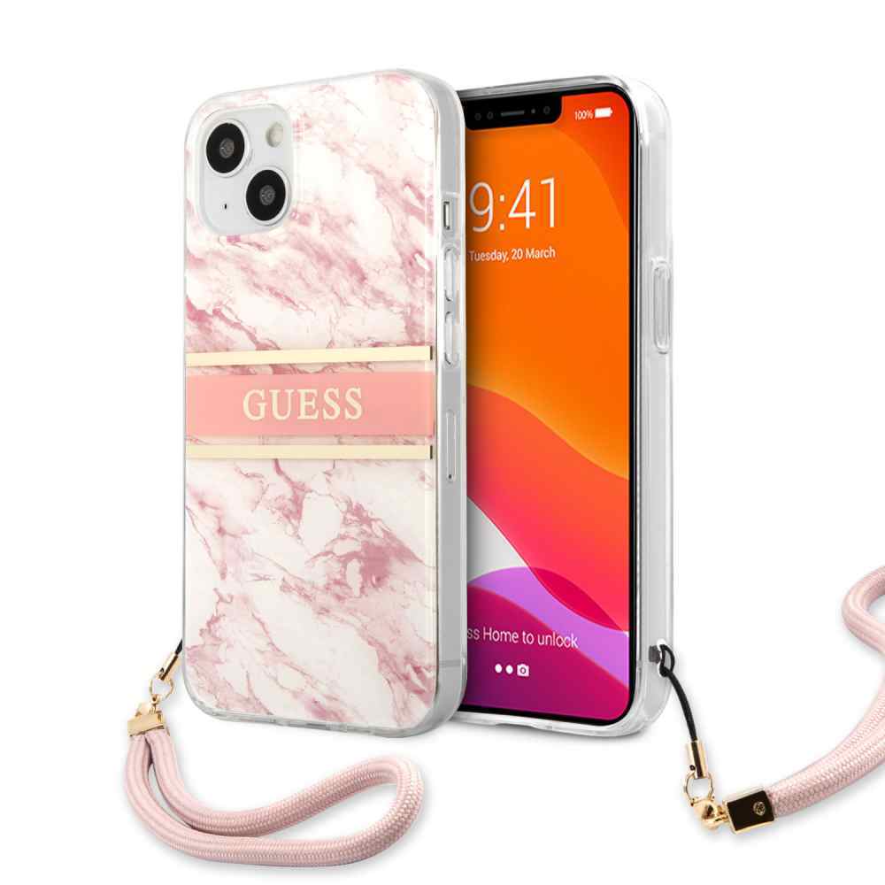 Maska za iPhone 13 Guess Marble Strap roze