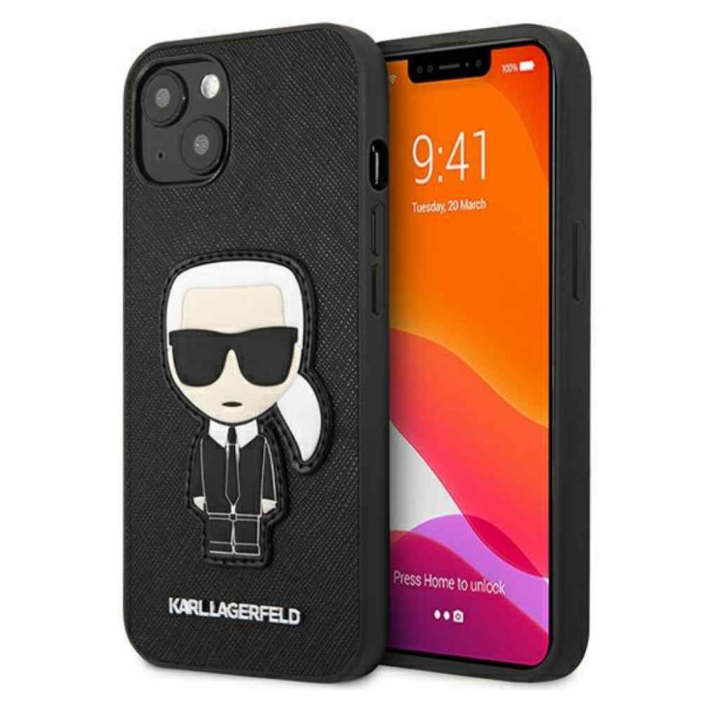 Maska za iPhone 13 Karl Lagerfeld Hc Saffiano Ikonik Patch crna