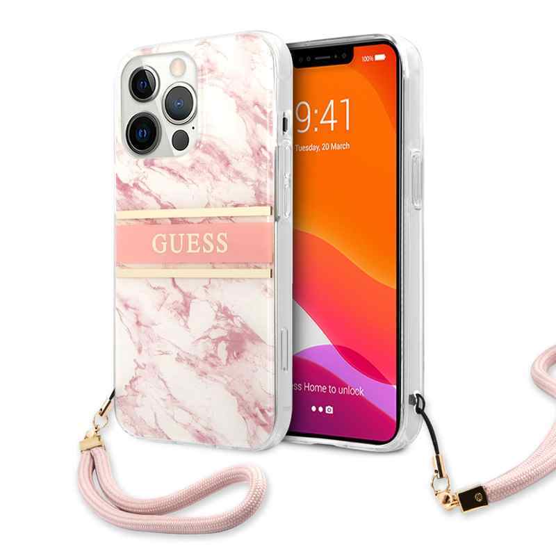 Maska za iPhone 13 Pro Guess Marble Strap roze