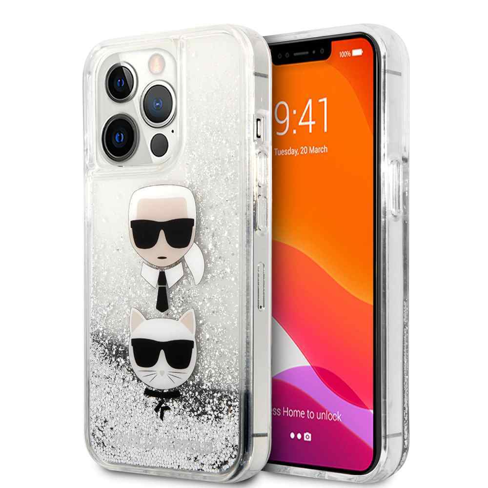 Maska za iPhone 14 Pro Karl Lagerfeld Hc Liquid Glitter 2 Heads srebrna