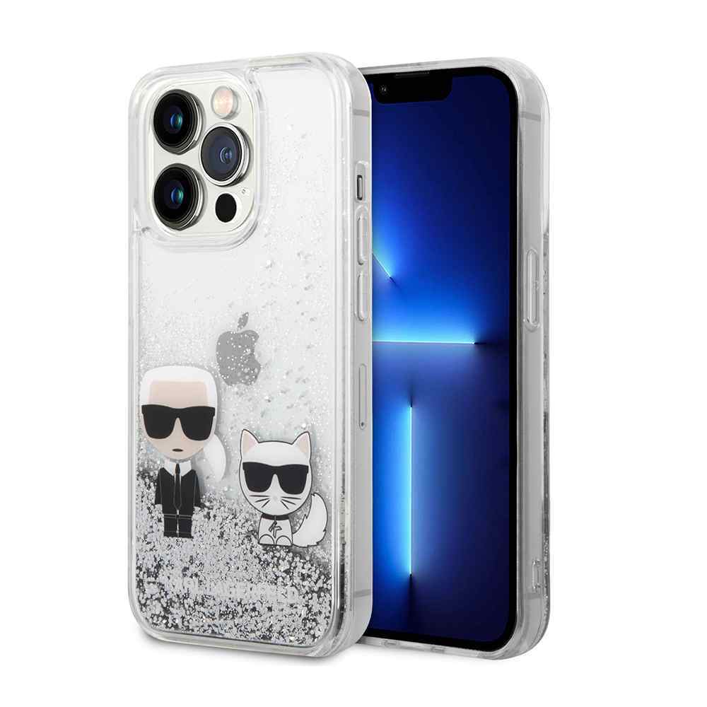 Maska za iPhone 14 Pro Karl Lagerfeld Hc Liquid Glitter Karl&Choupette srebrna