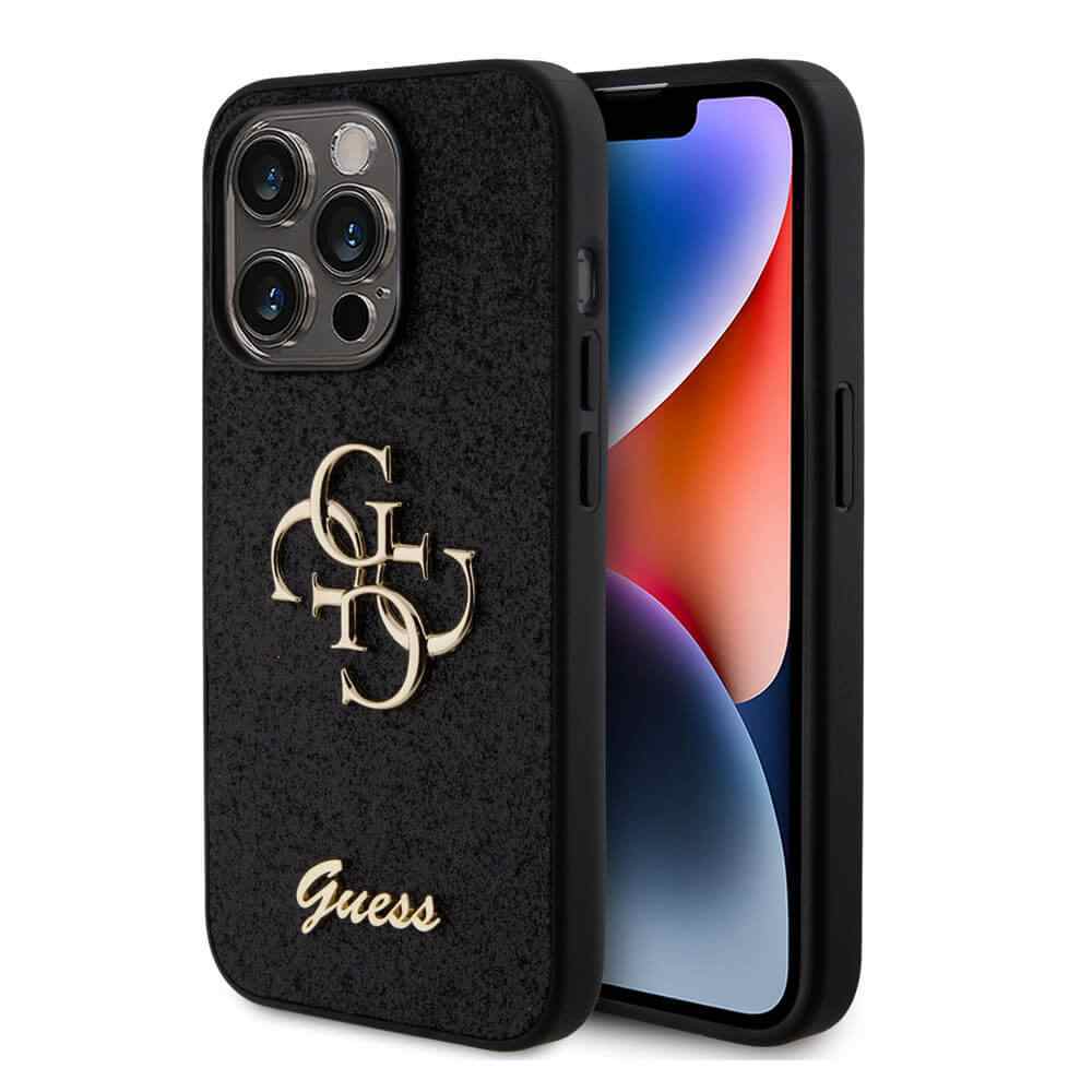 Maska za iPhone 15 Pro Guess Hc Fixed Glitter 4G Big Metal Logo crna