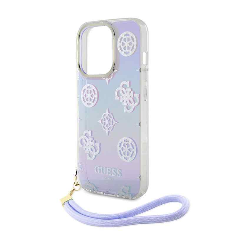 Maska za iPhone 15 Guess Hc PC TPU Iridescent Glitter Pattern Peony Cordstrap ljubicasta