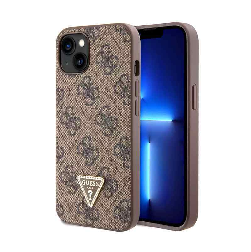 Maska za iPhone 15 Guess Hc PU Kožna 4G Triangle Strass braon