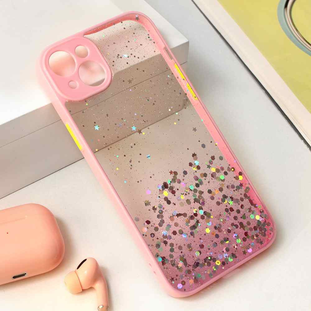 Maska za iPhone 15 Plus Frame Glitter roze