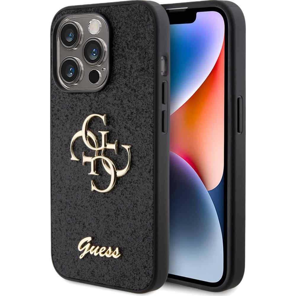 Maska za iPhone 15 Pro Max Guess Hc Fixed Glitter 4G Big Metal Logo crna