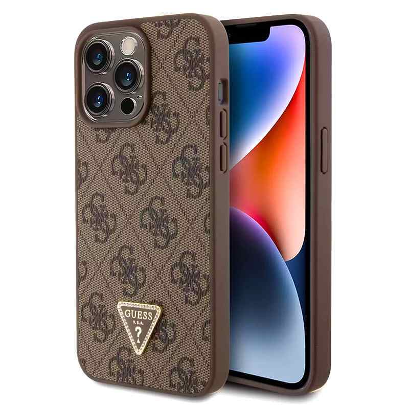 Maska za iPhone 15 Pro Max Guess Hc PU Kožna 4G Triangle Strass braon